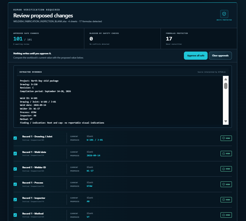 WELD-004 validation: review by personnel screen with 101 approved safe changes and 17 protected formulas