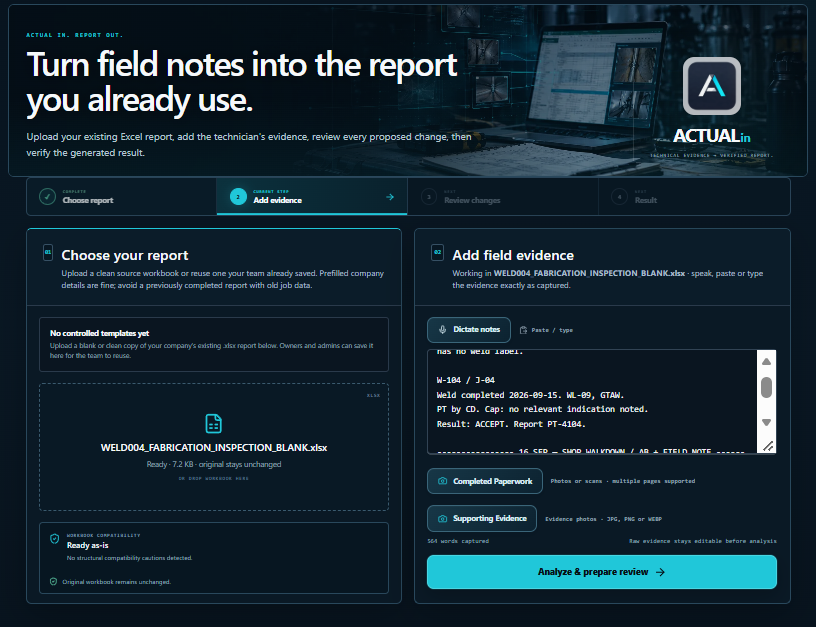 WELD-004 validation: inspection workbook and technician evidence loaded in ACTUALin