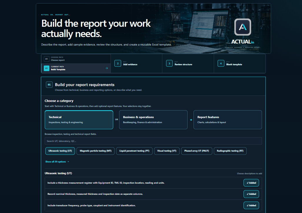 ACTUALin Build Template workflow showing technical, business and report feature categories and selected ultrasonic testing report instructions