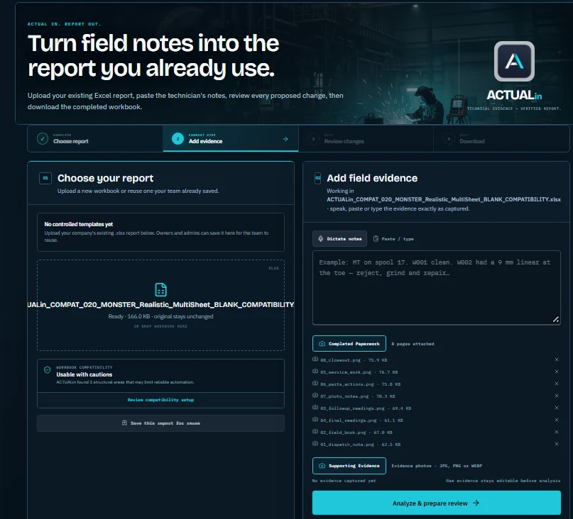 Current ACTUALin Add field evidence workspace with controlled workbook, compatibility status and evidence attachments